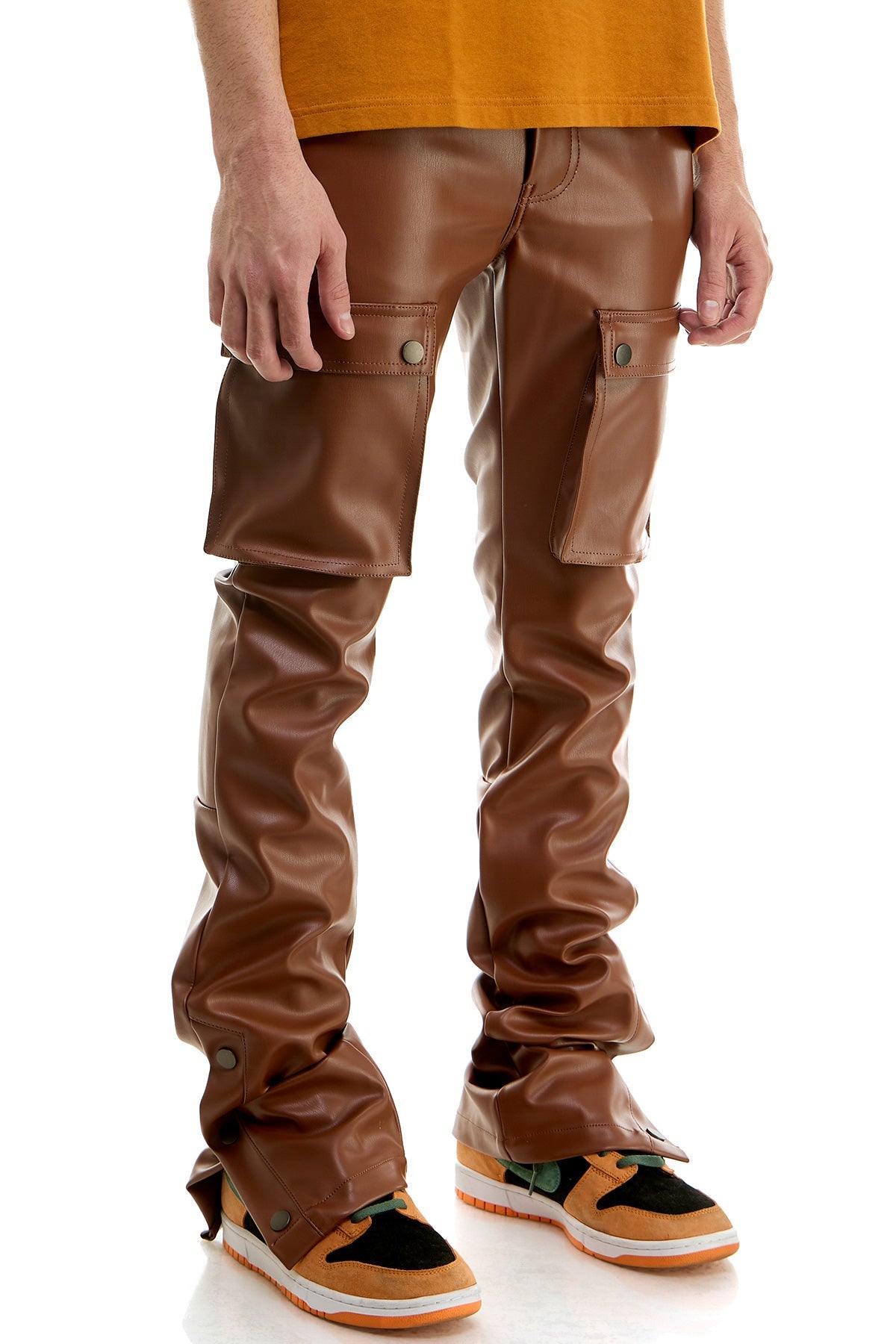 STACKED LEATHER SNAP PANTS
